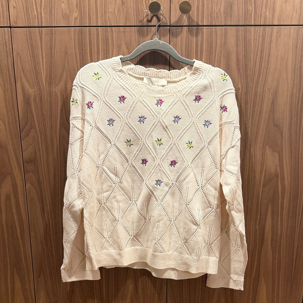 Cream Knit Sweater with Embroidered Flowers NEVER WORN